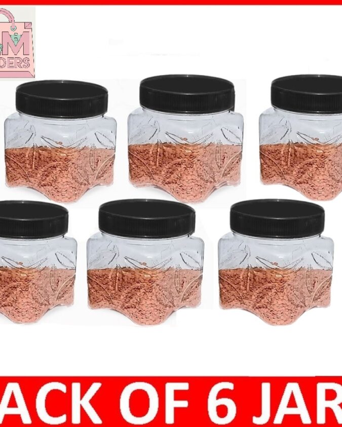 Set of 6 MEDIUM LEAF DESIGN PLASTIC KITCHEN JARS / STORAGE CONTAINERS 600ml/500g