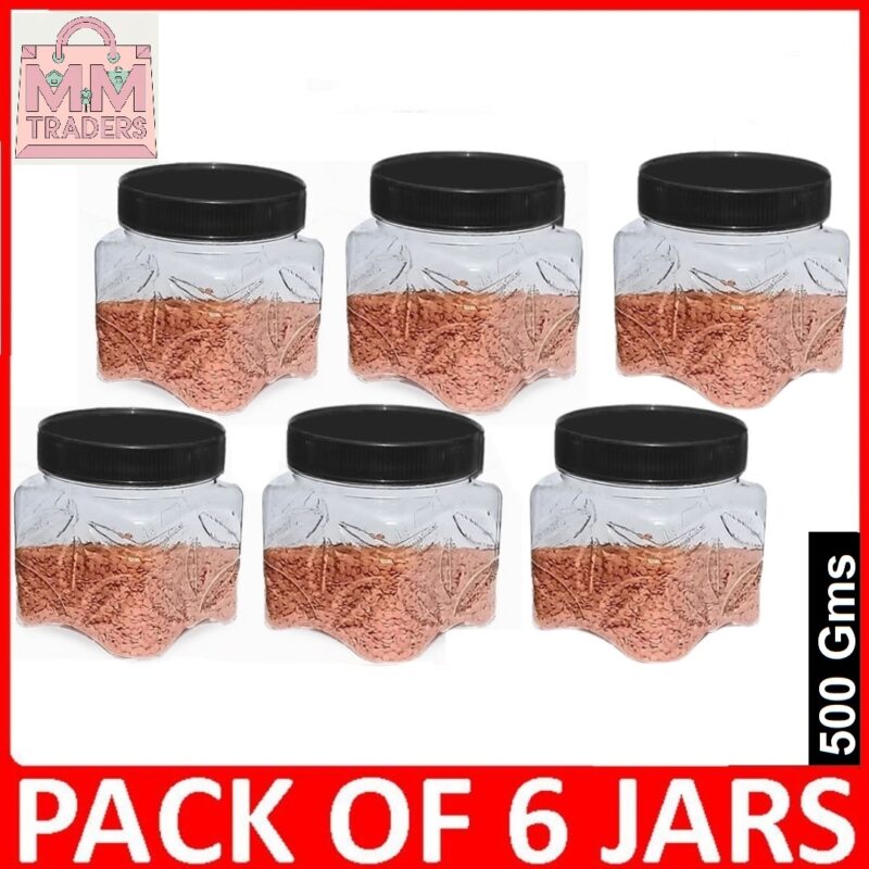 Set of 6 MEDIUM LEAF DESIGN PLASTIC KITCHEN JARS / STORAGE CONTAINERS 600ml/500g