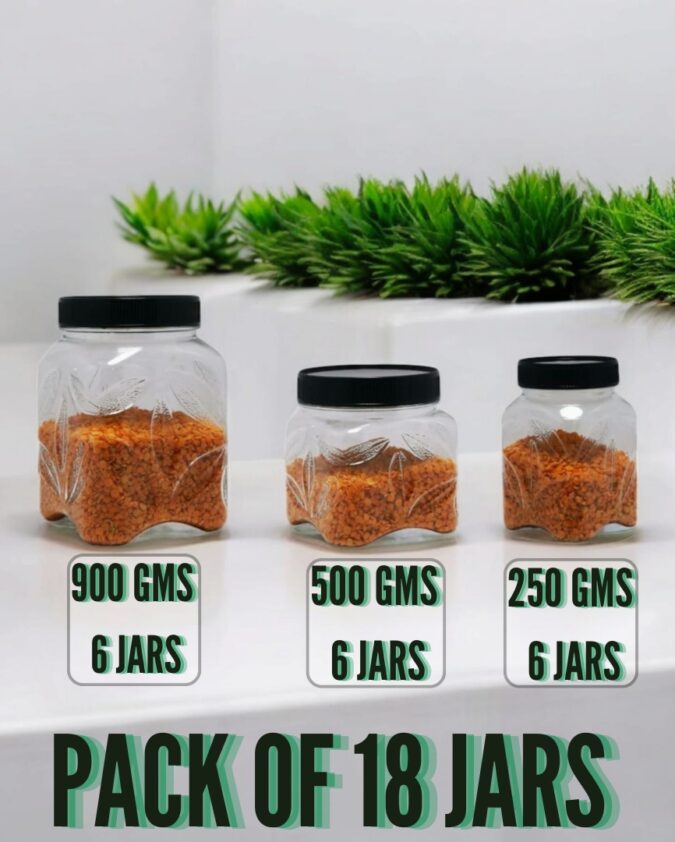 Set of 18 LEAF DESIGN PLASTIC KITCHEN JARS / STORAGE CONTAINERS (900 Gms, 500 Gms & 250 Gms)