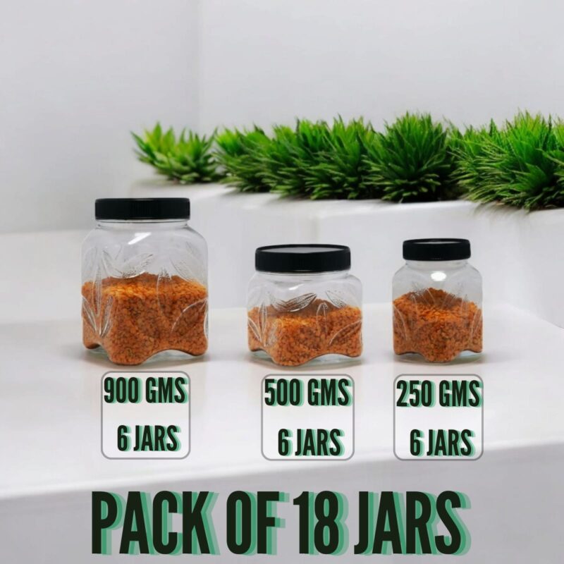 Set of 18 LEAF DESIGN PLASTIC KITCHEN JARS / STORAGE CONTAINERS (900 Gms, 500 Gms & 250 Gms)