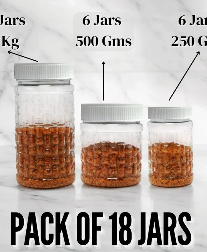 Set of 18 PLASTIC KITCHEN JARS / STORAGE CONTAINERS (1 Kg, 500 Gms & 250 Gms)