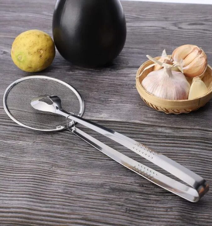 2-in-1 Frying Tong with Mesh Strainer and Flat Spatula