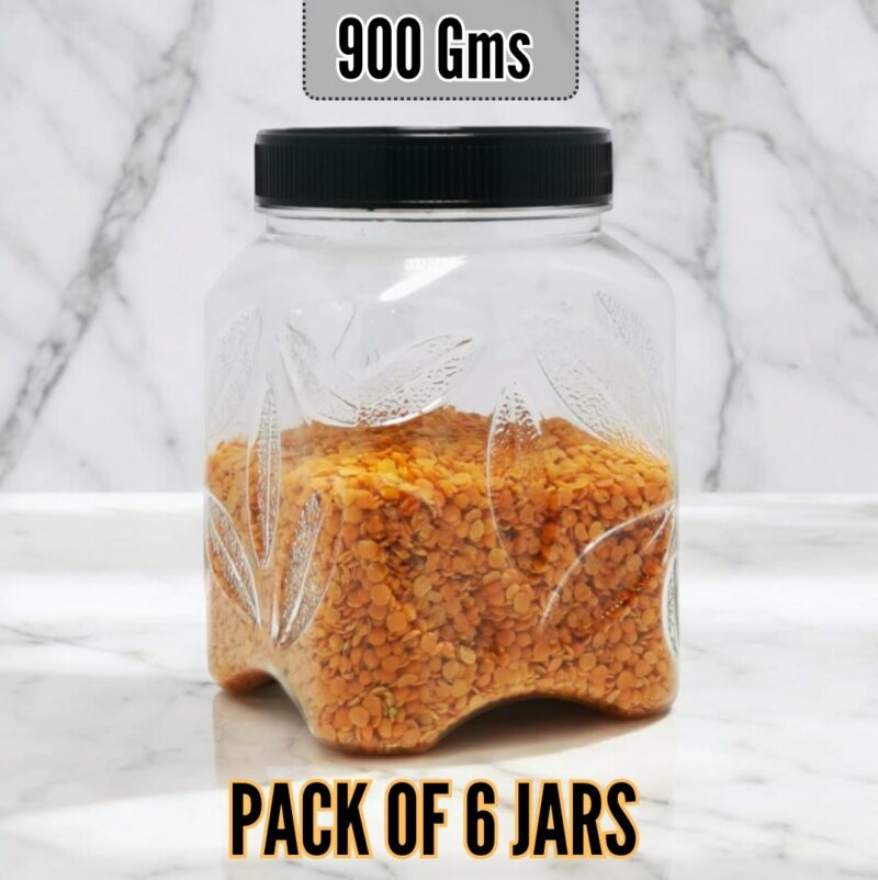 Set of 6 LARGE LEAF DESIGN PLASTIC KITCHEN JARS / STORAGE CONTAINERS 1100 ml/900 g